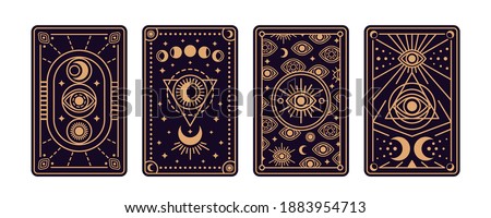Magical tarot cards deck set. Spiritual moon and celestial eye symbols. Vector illustration. Astrology or sacred geometry poster design. Magic occult pattern, esoteric boho style. Royalty-Free Stock Photo #1883954713