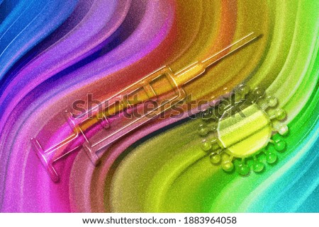 Stop Coronavirus concept, Medical Syringe symbol, Vaccination, rainbow glitter background