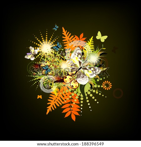 Bright floral abstraction with butterflies on a dark background . Vector
