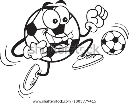 Black and white illustration of a happy soccer ball kicking a ball.