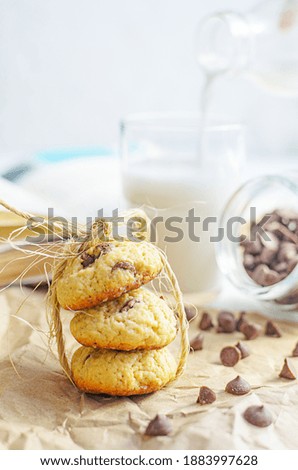 Chocolate chip cookies served with milk on rustic background (rustic)