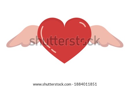 Cute red heart with wings emblem. Vector illustration isolated on white. Valentines day, love, affection, romantic clip art. Flat style.