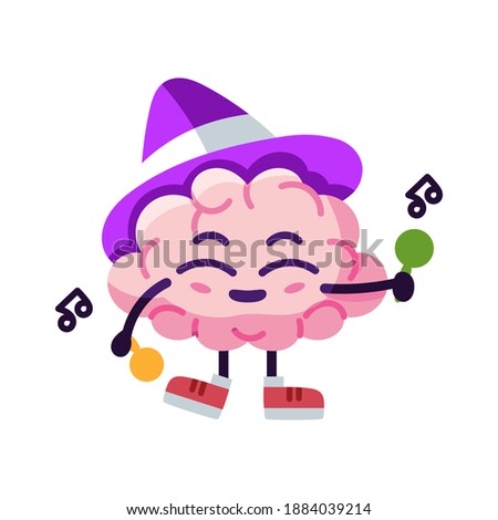 Isolated brain cartoon with a hat enjoying music - Vector illustration