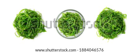 Edible Green Algae, Sea Vegetable Isolated. Green Chuka Seaweed Salad Isolated on White Background. Edible Seaweed Top View