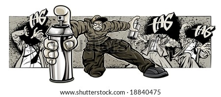 Vector illustration of a zombie looking kid flying through the air wielding two cans of spray paint, having left three unsuspecting businessmen painted and utterly befuddled.