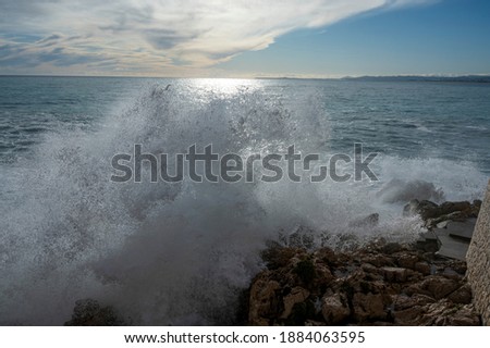 Rough seas breaking on the rocks of Cap Rauba-Capeù in Nice