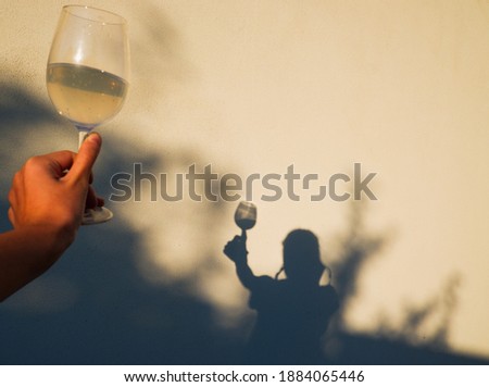 Shadow of an attractive young girl dancing with a glass of wine or mojito and taking pictures of herself