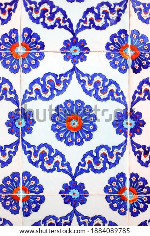 Details of Traditional Turkish Blue Tile with Blue and Red Color