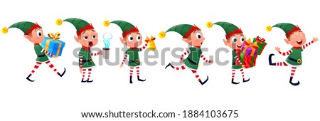 Collection of elves. Dwarf elves fun characters christmas little green helper.  Happy New Year, Merry Christmas and elves. Vector illustration