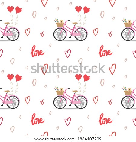 Happy Valentine's Day seamless pattern. Pink bike with a basket of flowers and a cute puppy. Heart shaped red balloons. Vector illustration isolated on white background.