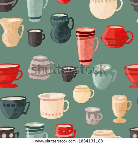 Seamless pattern with mugs, coffee, tea
