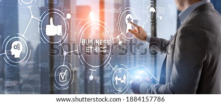 Business ethics Behavior and manners concept. Businessman pressing button on virtual screen. Royalty-Free Stock Photo #1884157786