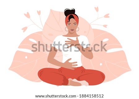 Abdominal Breathing. Young woman practice deep breathing. Breath Awareness Exercise. Vector Flat Illustration. Royalty-Free Stock Photo #1884158512