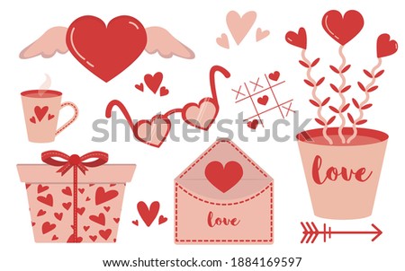 Valentine’s Day vector clip art set collection: gift box, love letter, love plant, heart shaped sunglasses, coffee cup, heart with wings, tic tac toe. Elements for romantic greeting card, invitation