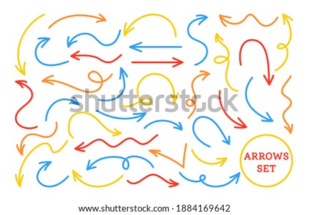Arrows bright red blue, yellow infographic line set. Comics different directions pointer collection. Various curved, arched artistic uneven arrow shapes cursor. Vector signpost design elements
