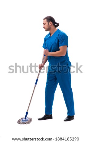 Young male assistant with mop isolated on white