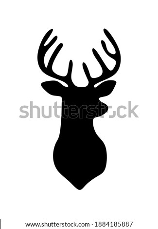 Vector black deer stag reindeer buck head with antlers.Outline silhouette stencil drawing illustration isolated on white background .Sticker.T shirt print. Plotter Cutting. Laser cut. Christmas decor.