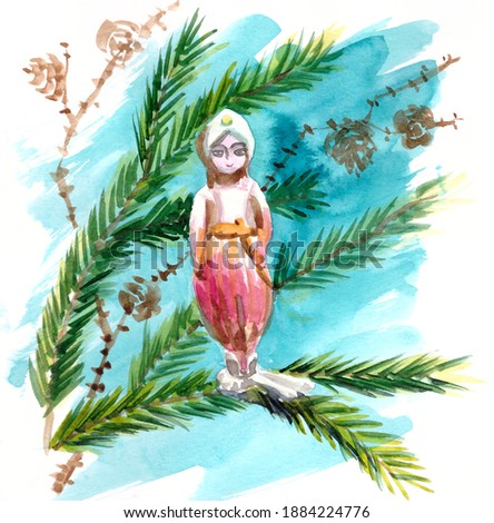 Vintage Christmas tree toy hindu boy and larch cones, watercolor drawing on white background