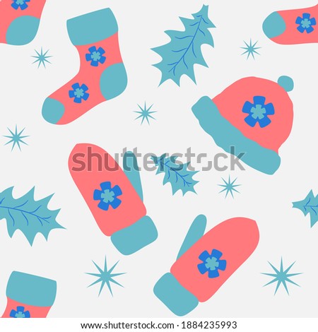 Decorative vector patern for Christmas, New Year on a white background with pink warm knitted mittens, a hat, socks, with white snowflakes.