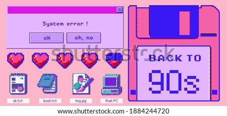 Clip art set of retro pixelated graphics: message box, pixel hearts and icons. Back to the 80's-90's style elements.