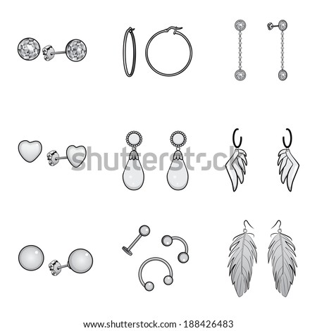Black and white illustration of different kind of earrings and pendants