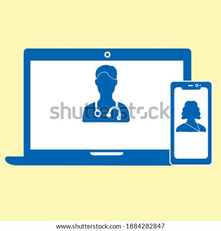 Telemedicine or telehealth virtual visit or video visit between doctor and patient on laptop computer and mobile phone device flat vector icon for healthcare apps and websites, editable eps available