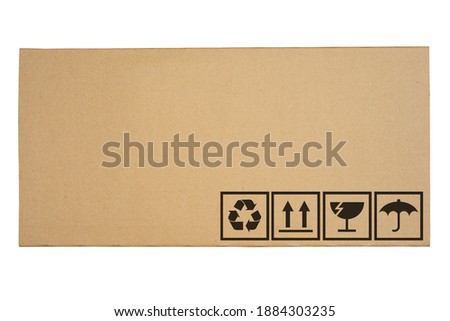 side view, a carton box with transport symbols for boxes. There is a fragile care symbol, Recycle save global, Handling with care, Protect from water rain.