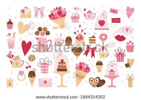 Big set of romantic elements for Valentine's day. Hearts, sweets, flowers, cupcakes, gifts, ice cream and other cute items. Vector illustrations for valentines day, stickers, greeting cards, etc.