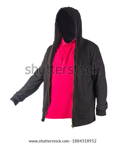 black sweatshirt with iron zipper hoodie and red t-shirt isolated on white background.sporty style
