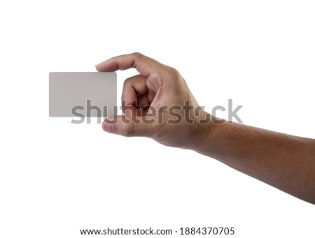 Old man hand holding blank card isolated on white background
