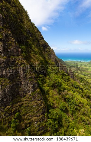 Overlooking Hawaii's lush green rainforests and waterfalls