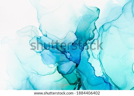 Closeup of blue and green alcohol ink abstract texture, trendy wallpaper. Art for design project as background for invitation or greeting cards, flyer, poster, presentation, wrapping paper Royalty-Free Stock Photo #1884406402