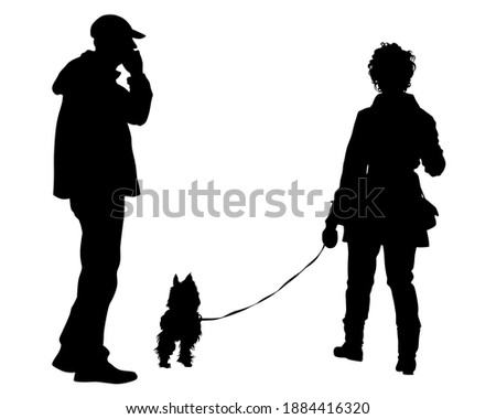 Young man and woman walking at street whit dog. Isolated silhouette on a white background