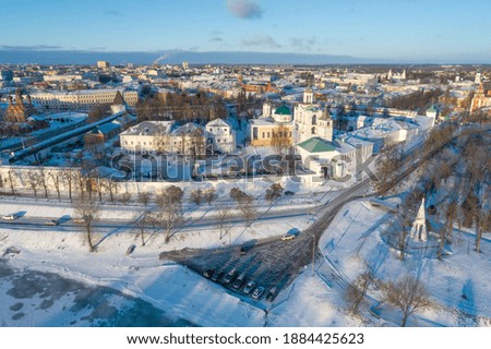 Transfiguration Monastery in January (aerial photography). Yaroslavl, Golden Ring of Russia