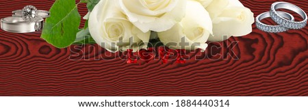 Wedding rings, red roses, red lovely hearts, flowers, love word, concept, on the wooden background, with a big space for your text.