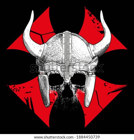 Vector illustration for human skull t-shirt with viking helmet on red cross isolated on black.  