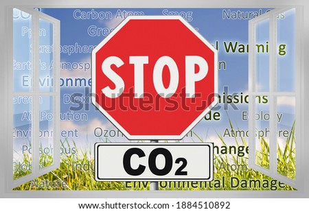 Stop CO2 written on roadsign - concept image view from an open window.