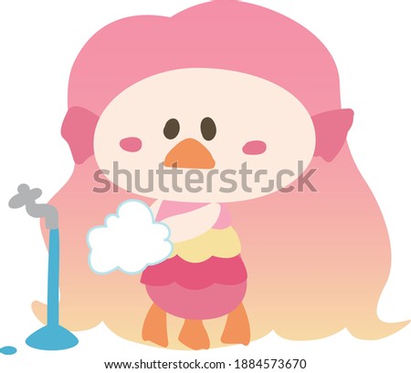 Amabie, a cute pink Japanese character washing her hands