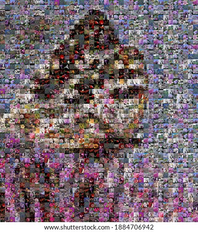 The image of a butterfly, made up of square elements of a small photos of flowers and butterflies - color mosaic, moth