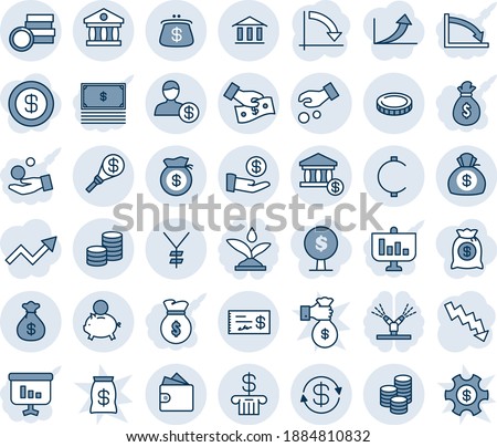 Blue tint and shade editable vector line icon set - crisis graph vector, yen, cent, coin, dollar exchange, bank, account, money bag, piggy, investment, cash pay, wallet, check, purse, torch, tree