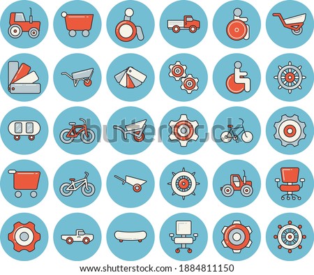 Thin line blue tinted icon set - wheelbarrow flat vector, cogwheel, color scheme, pickup truck, tractor, garden, grocery trolley, disabled, office chair, skateboard, bicycle, steering wheel