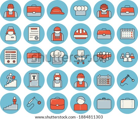 Thin line blue tinted icon set - builder flat vector, hard hat, cook, construction worker, welding, case, team, calendar, briefcase, nurse, office chair, contract, career ladder, doctor, user