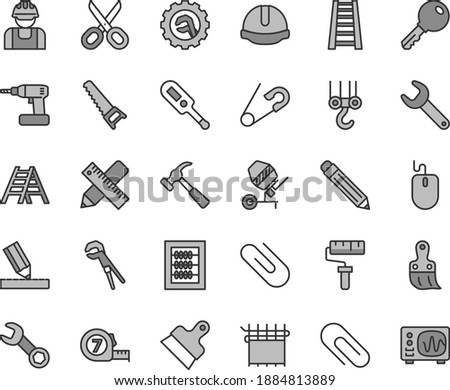 Thin line gray tint vector icon set - paint roller vector, scissors, clip, graphite pencil, new abacus, open pin, electronic thermometer e, winch hook, concrete mixer, adjustable wrench, hand saw