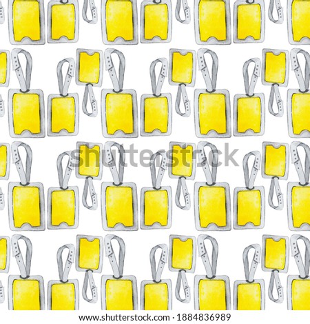 Seamless pattern of yellow luggage tags, watercolor painted on paper, isolated on white background