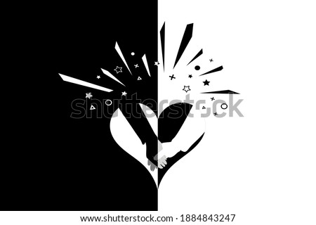 Happy Valentine's day Vector. Wedding invitation background. Black and white background with heart, confetti or fireworks and silhouette of a couple holding hands illustration. 