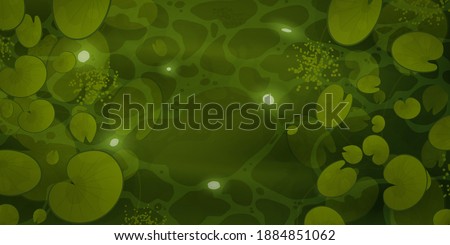 River with lilies top view. Water lilies in the swamp.Green water surface with sunlight reflection and ripples. Vector illustration. Royalty-Free Stock Photo #1884851062