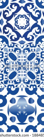 Antique portuguese azulejo ceramic. Modern design. Collection of vector seamless patterns. Blue floral and abstract decor for scrapbooking, smartphone cases, T-shirts, bags or linens.