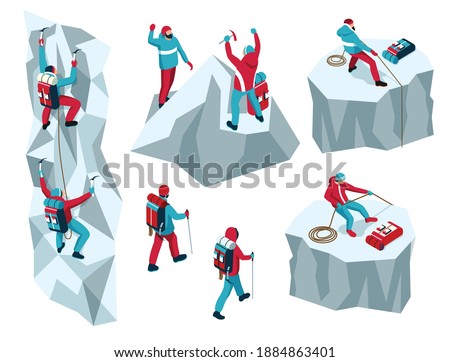 Isometric mountaineering set of isolated icons and characters of climbers on ice cliffs mountains with tools vector illustation