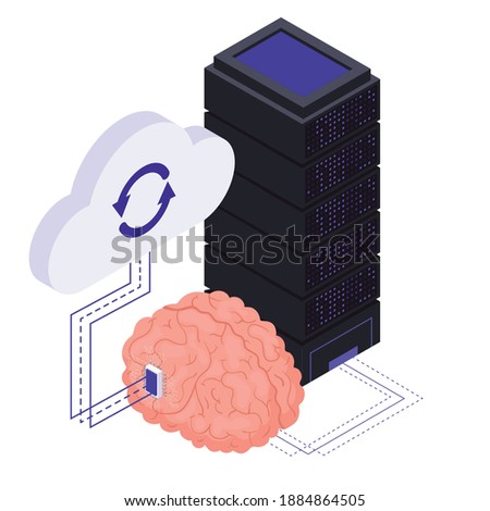 Neurological chip implants treatment technologies closeup isometric composition with interfacing cloud with human brain symbols vector illustration