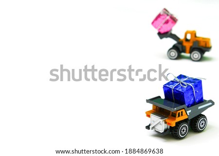 gift box delivery by transport vehicle on white background